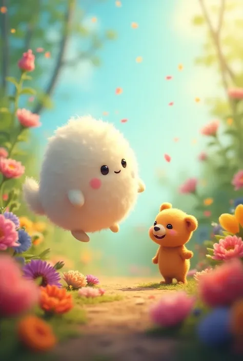  Fluffy floats toward Pip , with a friendly expression. Pip sings happily ,  and the background is filled with flowers and vibrant colors