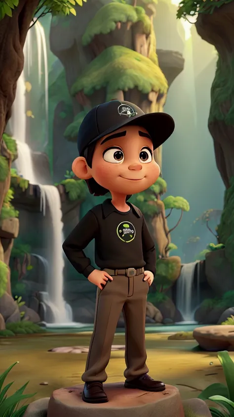  Create a Disney cartoon effect in this one with slightly slanted eyes and brown,  with a black long sleeve shirt, WITH logo  "line" In small blossoming green in front of the shirt ,  in a black cap in nature with a waterfall in the background 