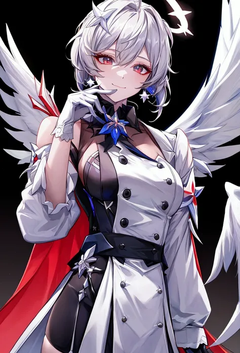 masterpiece,best quality,sunday_(honkai:_star_rail), black_shirt, sidelocks, white_wings, smile, looking_at_viewer, gloves, closed_mouth, solo, hand_up, shirt, head_wings, long_sleeves, jewelry, white_gloves, jacket, eyelashes, simple_background, halo, win...