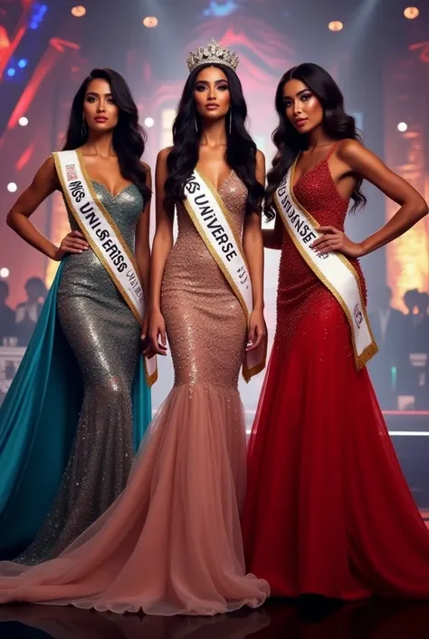 Show me an image of the next Miss Universe top 3 according to your criteria And that they have a band that says the name of the pee they represent 

