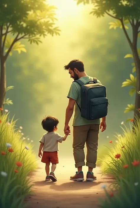 Father with backpack holding a s hand