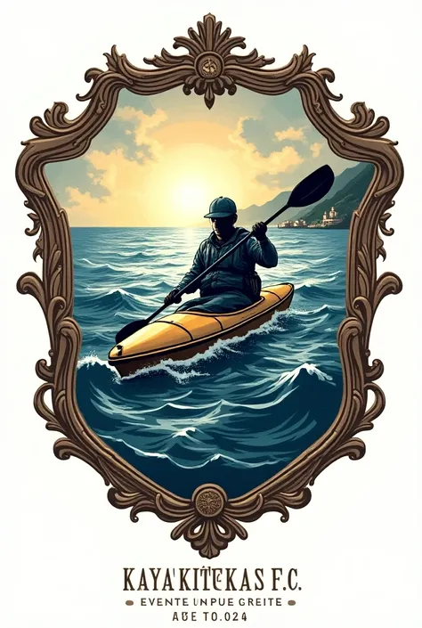  Create a vintage English-style shield , of a soccer club ,  called “KAYAKISTAS F .C.” Founded in Puertecillo , in the year 2024 ,  that contains a kayaker in the sea catching a large fish with a rod