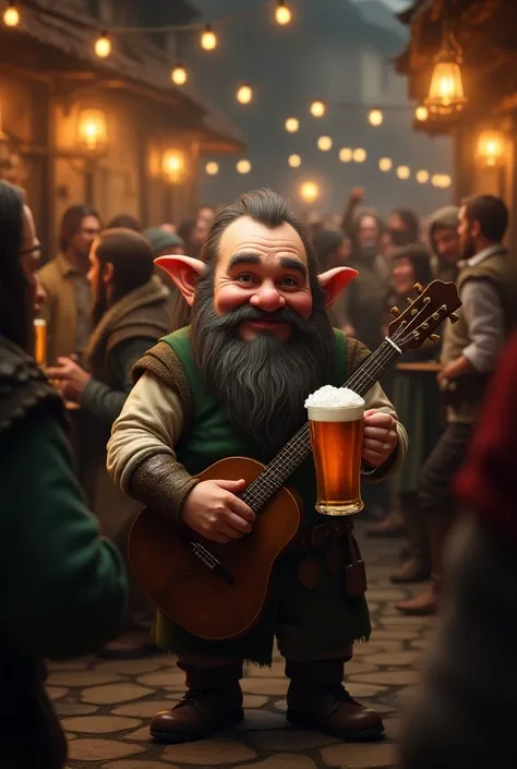 a dwarf bard like lord of the rings, holding a lute and a mug of beer, laughing with a whimsical and joyful expression,dark medieval tavern background, with a lot of people, realistic style, (best quality,4k,8k,highres,masterpiece:1.2),ultra-detailed,(real...