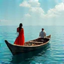 A red saree wearing women in a boat with his fater and boat oparator in sea drone view 