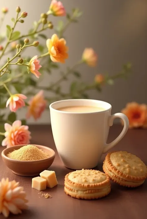 A cup of milk tea, brown sugar in a bowl, and some biscuits on a table decorated with flowers