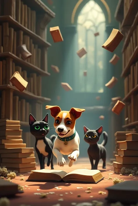  a Jack Russel ,  a black cat and a tricolor cat in a magical world with books that fly.  Disney style 
