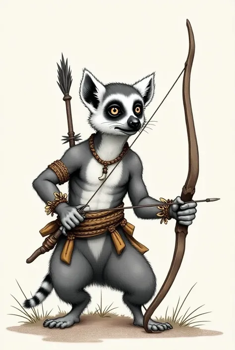 (SeaArt) A female ring tailed lemur. She has a white face with black markings around its eyes and a gray and white body. She is a hunter for her clan and carries a bow. Shes got a homemade satchel crossbody slung around her body hanging by her hip. A neckl...