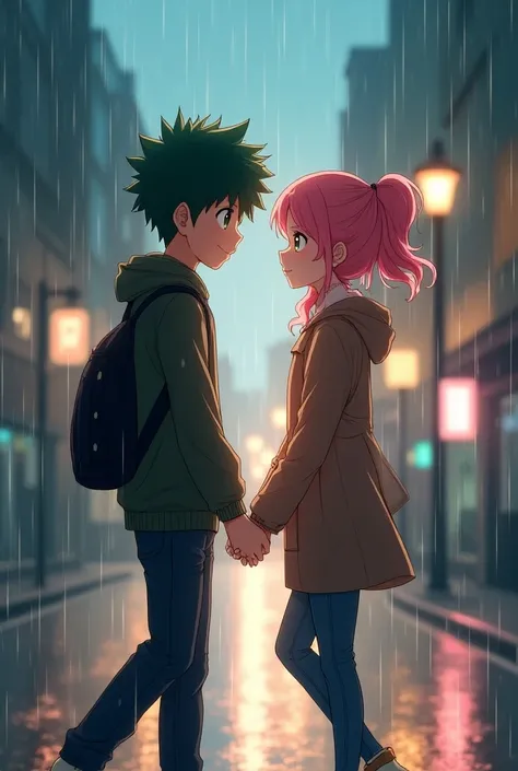 Make an anime fanart drawing of the ship Izuku Midoriya and Mina Ashido walking hand in hand in the rain while looking at each other in love.