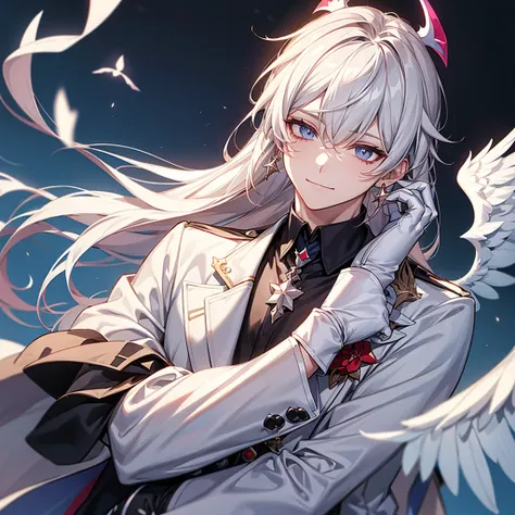 masterpiece,best quality,sunday_(honkai:_star_rail), black_shirt, sidelocks, white_wings, smile, looking_at_viewer, gloves, closed_mouth, solo, hand_up, shirt, head_wings, long_sleeves, jewelry, white_gloves, jacket, eyelashes, simple_background, halo, win...