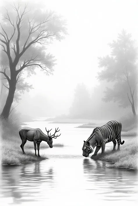 Draw me a pencil sketch:  
In the middle, a flowing river is surrounded by a dense forest. On one riverbank, a deer is drinking water, while on the opposite bank, a tiger is looking at the deer, thinking about how to cross the river to reach it.
