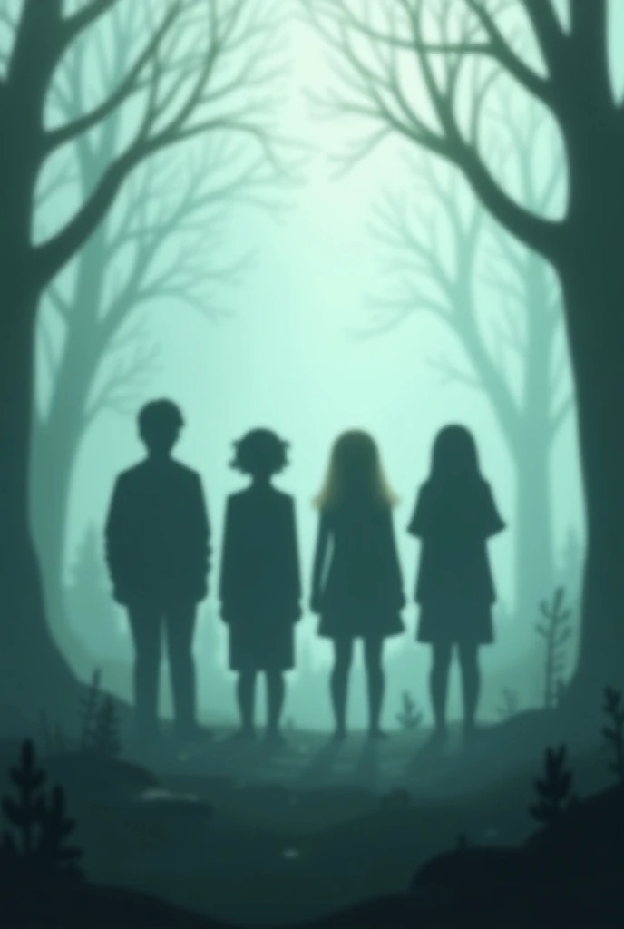  Make an image of 4 blurry young people with shadows of themselves in fog. The background is a forest with a lot of fog , cartoon style