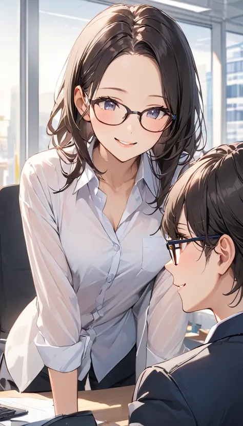 masterpiece, wearing glasses, black hair, forehead, woman, office, conversation,  relaxed atmosphere , in between work , 親密なconv...