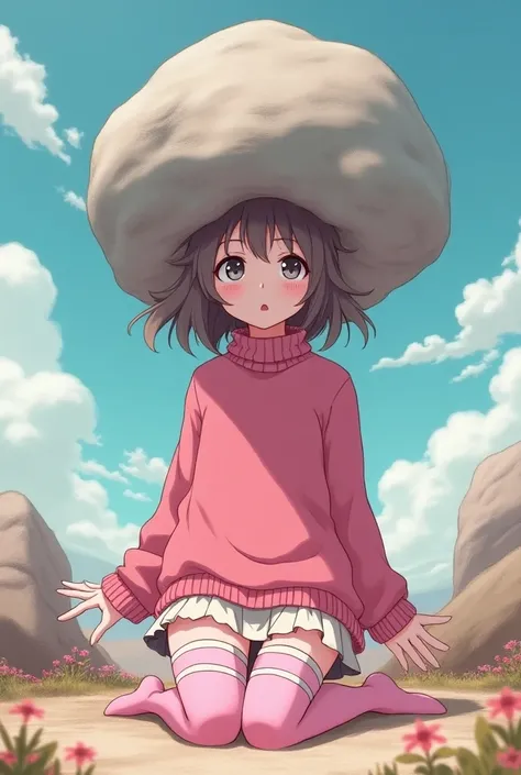 girl, anime, Pink thigh-high stockings with several white straps, chompa rosa,  with a large rock that replaces his head , with arms begging for ,  sitting on knees 
