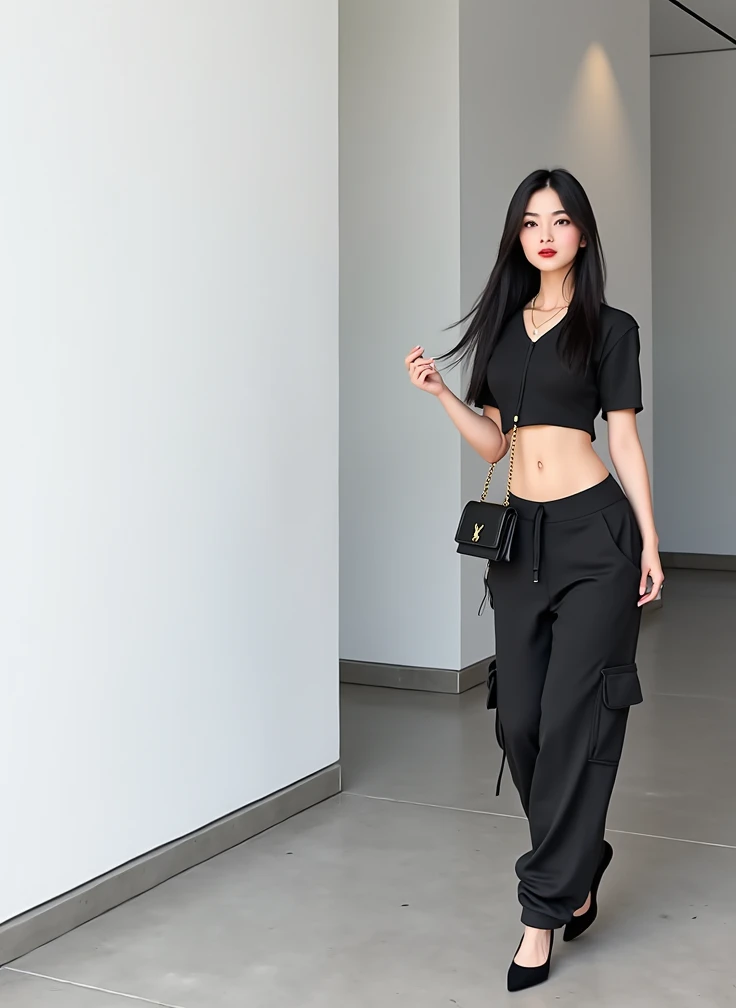 Woman 30 years , very long straight parted in the middle black hair, wearing black low rise loose cargo pants and cropped black buttoned no sleeve top, small black envelope YSL gold chain purse with black high heel pumps in all white walls apartment with c...