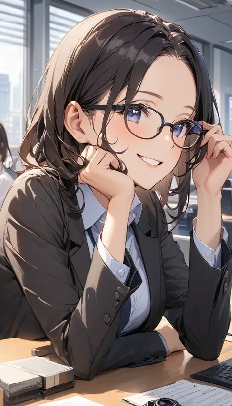 masterpiece, wearing glasses, black hair, forehead, woman, office, conversation,  relaxed atmosphere , between work, 親密なconversa...