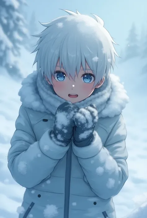 1boy, Solo, feminine, tall, cute, 19 years old, freezing cold, struggling to get warm, hypothermia, blizzard, Short Hair, White Hair, Anime, caked with snow, ski outfit, covered in snow and ice, shaking, frozen