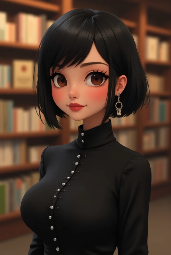 (Ultra-realistic rendering , Melhor qualidade), (( Superior Quality , 16k, masterpiece: 1.3)), (Beleza, linda, serena, Cartoon a brunette girl , black), Straight short black hair tied with two locks of hair in the front, hot photo, happy, Absurd,  perfect ...