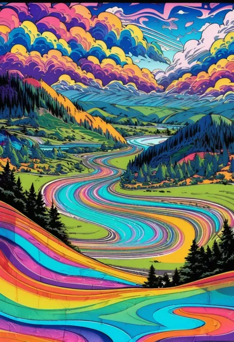 Acid Art, Landscape, river, hills, sky, clouds, trees, random colors, weird colors, weird choice of colors, multi color sky, multi color river and trees