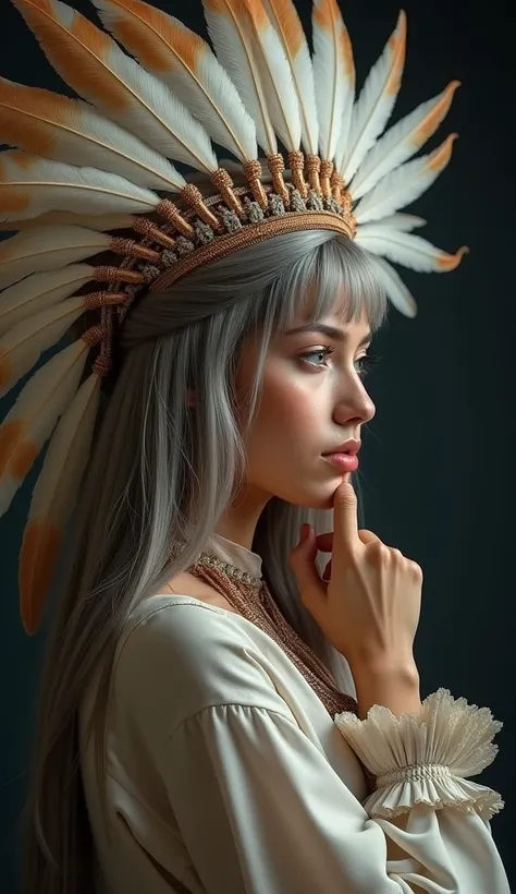  A woman with a serene and thoughtful expression , With his hand resting on his chin.  She wears an elaborate headdress ,  adorned with long and detailed feathers in shades of soft white and orange . Her hair strands ,  in shades of gray and silver ,  arti...