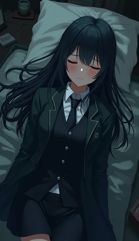 anime,black hair, female, Lab coat Black,tie(unbutton),eyes bags,black ground fantasy,sleeping

