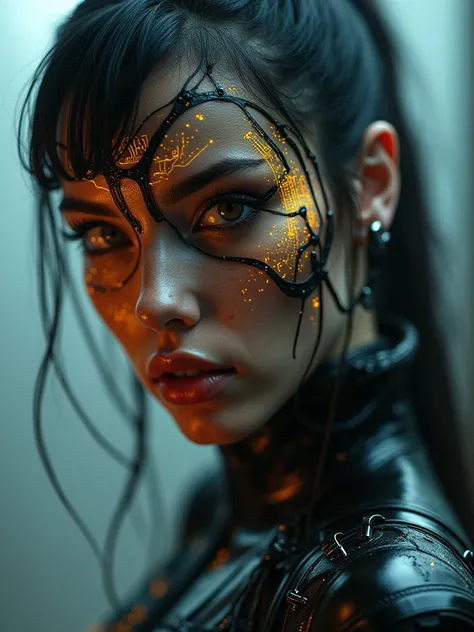 ((masterpiece, 16K, best quality, high resolution:1.3)), (super close-up portrait:1.45), (cyberpunk face augmentation:1.45), (gold color circuit board tattoo on face:1.5), (epic skin details:1.45), (Sci-fi Darkness by He Xiaofeng:1.45), (robotic shinobi su...