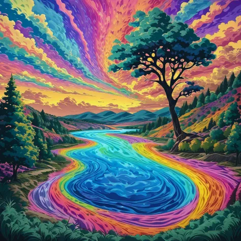 Acid Art, Landscape, river, hills, sky, clouds, trees, random colors, weird colors, weird choice of colors, multi color sky, multi color river and trees