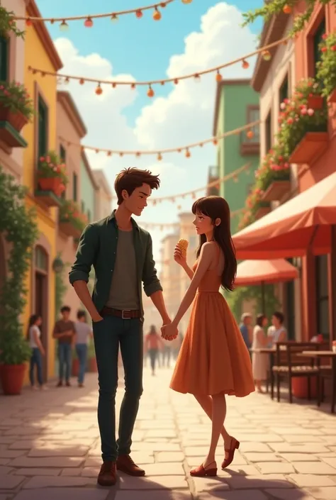 Tall handsome man with brown-haired woman with bangs eating churros hand in hand with man walking in a beautiful square