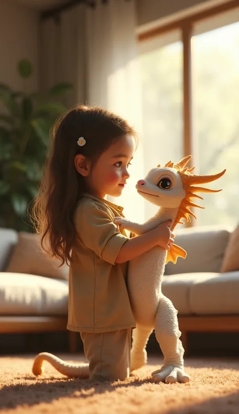 High-realism image of a young girl, around six years old, standing in the middle of a modern living room, cradling a baby dragon in her arms. The dragon has deep white scales, its wings tucked in as it looks up at her with glowing golden eyes. The girl’s e...