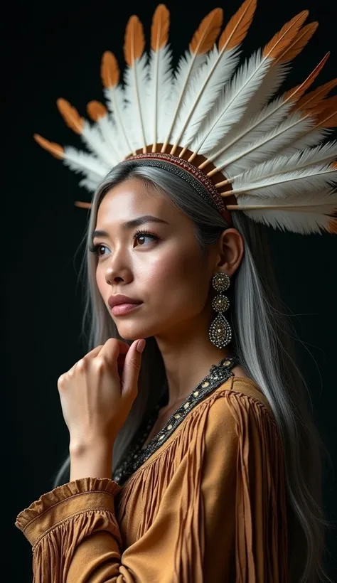 An indigenous American with a serene and thoughtful expression, With his hand resting on his chin.  She wears an elaborate headdress ,  adorned with long and detailed feathers in shades of soft white and orange . Her hair strands ,  in shades of gray and s...