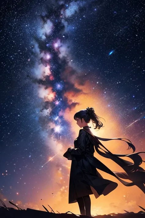 star, landscape， star空, night, The Lady in the Back, night空, Alone, Outdoor, milky way,  standing, silhouette,Beauty