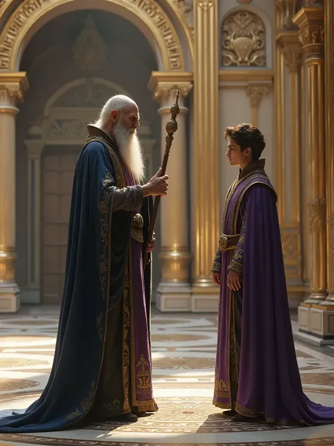 An old sorcerer with a long beard and a bald head, points at the conceited prince with his magic wand, the prince has brown hair, he is about 20 years old, he is wearing a purple-gold dress, both of them are standing in a palace hall with white walls, the ...