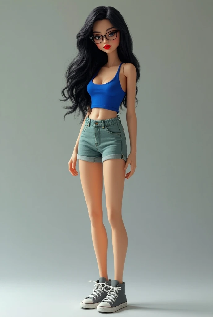 Full body doll avatar with black wavy hair,  raised calf , with glasses  , bright red lipstick, bra strap showing,  gray low top sneakers , bermuda social verde, with royal blue sleeveless t-shirt and with the bra strap in sight