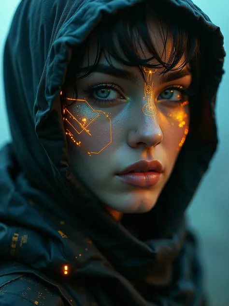 ((masterpiece, 16K, best quality, high resolution:1.3)), (super close-up portrait:1.45), (cyberpunk face augmentation:1.45), (gold color tattoo of circuit board on face:1.5), (epic skin details:1.45), (Sci-fi Darkness by He Xiaofeng:1.45), (robotic shinobi...