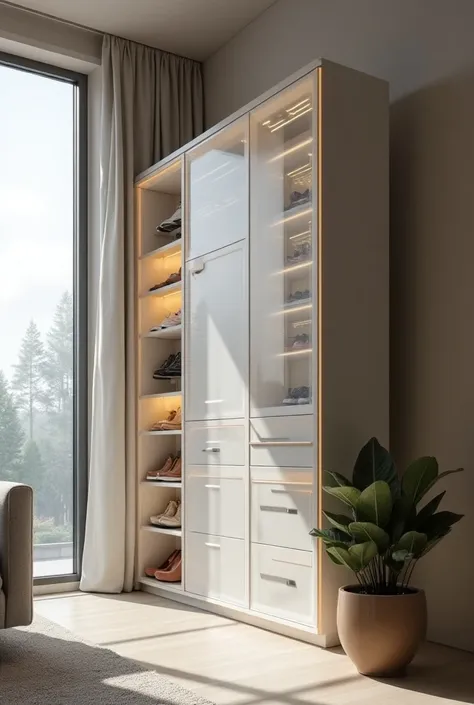  What would a shoe rack with a drying device look like with 
The following features: SMART HOME shoe cabinet with drying device,  disinfected and odor remover ; in a 15-20 year perspective . with a realistic style 
