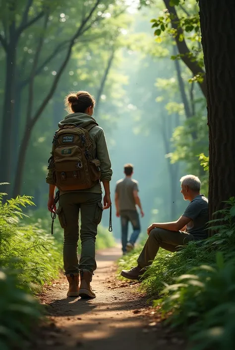 Make me a woman with an explorers backpack walking along a path in the woods accompanied by a young man and in the distance an older man sitting next to a tree make it realistic