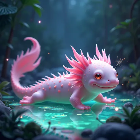 Create a realistic magical axolotl as a pet. The axolotl has a soft glow and vibrant colors, with mystical energy flowing around it. The background should be a magical, enchanted pond with glowing plants and soft lighting.