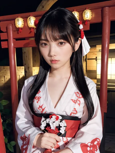 (masterpiece,  best quality,  best quality, Official Art, beautiful、beautiful:1.2), ,(RAW 写真 best quality:1.1),(One Girl),(Shrine maiden:1.5),(Red too:1.1),(():1.6),  white kimono, Red Long Skirt ,  Black Hair  , hair accessory that makes you hold a sword,...