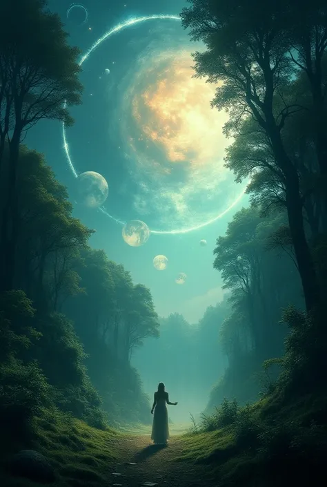 Forest sky with planets and moon related to the awakening of consciousness 