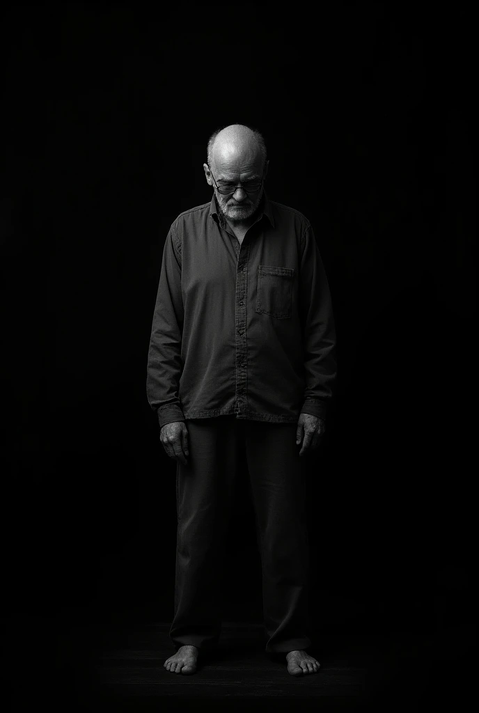 A  man with cheap looking cloths, eyes to the ground, closed face. Pure black background.