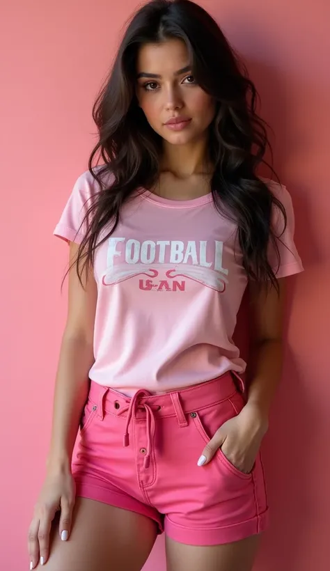 Sexy young girl,sexy figure,prominent figure, hot, pink shorts,oversize football fan t shirt(revealing), solid color background,sensual, wallpaper