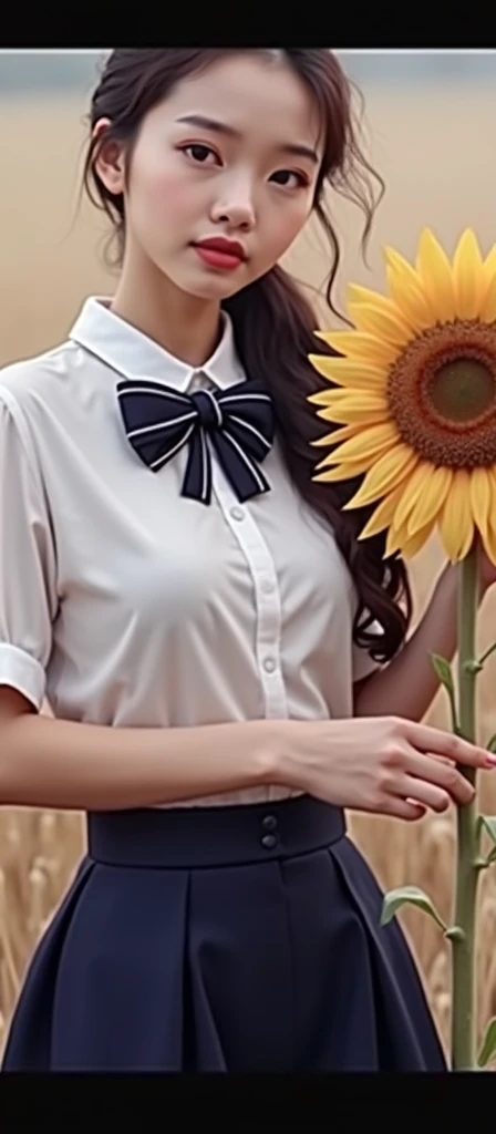 The background is a sunflower., Close-up photos of women wearing a bow tie and a white shirt, Sweet Korean style face, Ruan, the super cute VTuber, small heart - shaped face, Cute Korean face,  , Ulzzang,  with round face ,  popular in South Korea ,  she h...