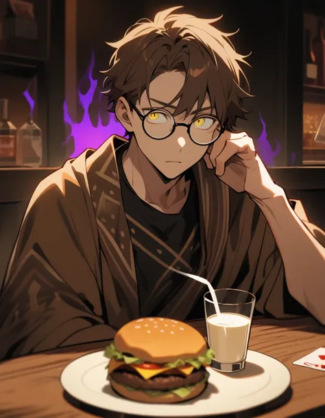 One Person, Half Body, Adult Male, Brown Hair, Short Hair, Light Yellow Eyes,Round Glasses, Brown Shaman Robe, Black shirt,Poker Face, Bar, Rune Motif on Suit, Black Aura, one glass of milk, burger on table, sit,