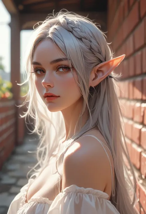 (high resolution,,portrait)（red brick warehouse）(nsfw) 1girl((female ) (silver hair、elf ears、devil&#39;s wing、tail、tanned skin:2...