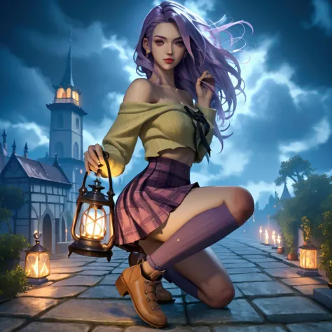 a woman in a plaid skirt holding a lantern on a cobblestone path, girl under lantern, beautiful digital artwork, fantasy gorgeou...