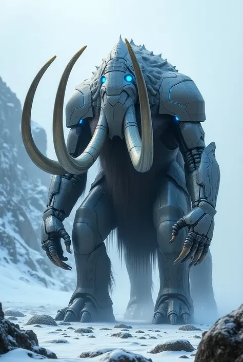 imagine A bioorganic mammoth-like creature with four massive, metallic tusks. Its body is a blend of natural thick hide and metallic armor plating, glowing blue energy veins running through its powerful legs and tusks. The creature has mechanical joints su...