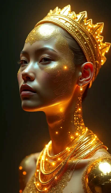 A stylized female figure from the Kayan tribe,  with an ethereal and futuristic look .  Her face is delicately marked by luminous geometric patterns ,  almost like digital tribal tattoos , in golden tones.  She wears an intricate golden crown or headpiece ...