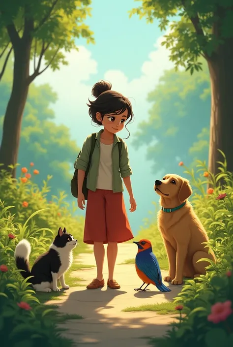 Lila is walking her dogs , crystal, uma Akita branca e Apolo um golden retriever,  when she witnesses a cat scaring a colorful bird .  She approaches the wounded little bird and decides to take it home.