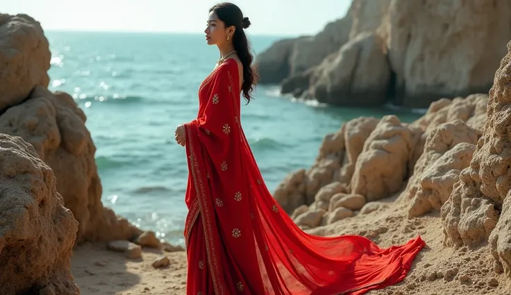 An women wearing red saare sheeting in a sea stone cry  