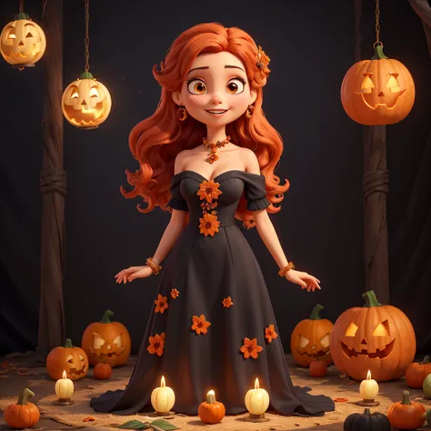 A captivating female figure in a flowing black dress, hair embellished with vibrant orange pumpkins and flowers. Enchanting makeup radiates a mystical presence against a backdrop of dark ornate patterns and floating pumpkin lanterns, rendered in vibrant di...