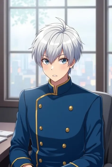 beautiful illustration,  The best quality , cool , curious boy with white hair , smooth hair,  he is a prince in a blue outfit, tsundere, Jealous, handsome prince, Cold, White haired boy, office uniform

